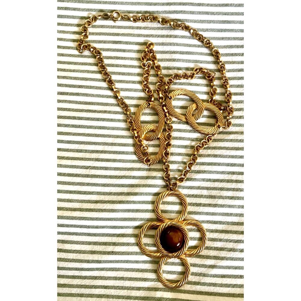 Vintage Accessocraft NYC Gold Tone Amber Cabochon Statement Necklace 30"